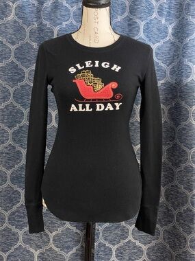 Old Navy Black Long-Sleeve Thermal Top with Red Sleigh Graphic